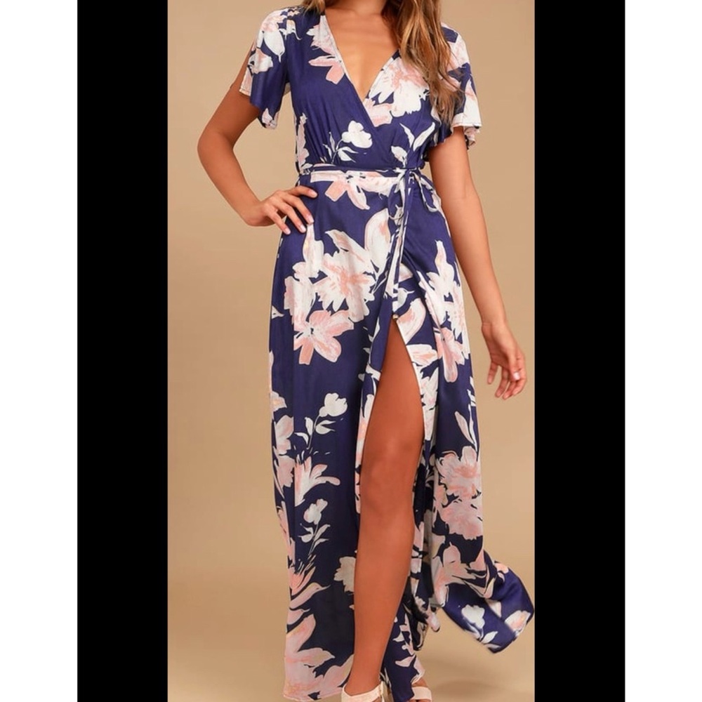 Lulu’s Navy Floral Print Wrap Maxi Dress - NWT